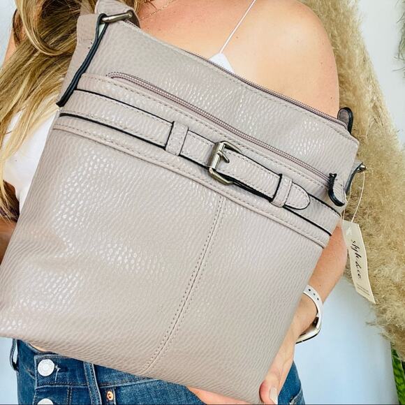 NEW STYLE & CO Beige Tan Vegan Faux Pebble Leather Crossbody Buckle Bag Purse - Picture 7 of 12